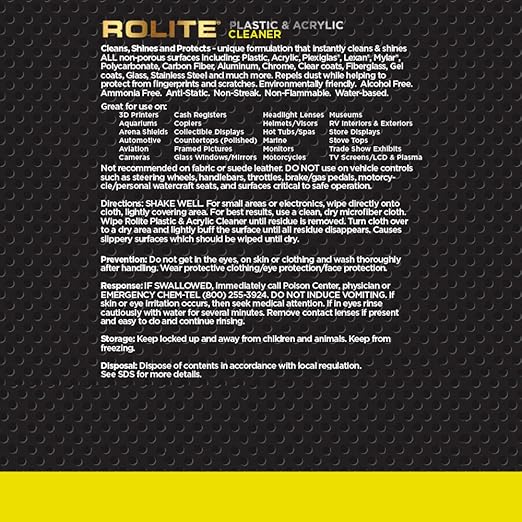 Rolite RPAC16z Plastic & Acrylic Cleaner Spray, 16 fl. oz., High Shine Protectant & Polish for Nonporous Surfaces, Streak-Free Formula for Windshields, Windows, Headlights, Retail Displays