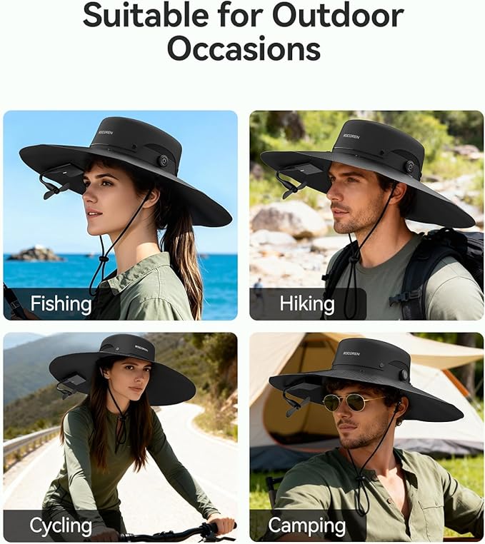 Solar Powered Fan Hat, UPF 50+ Wide Brim Sun Hat, Dual USB-A/USB-C Ports, Fishing Hat with Face Cover, Foldable Fan Hats for Men Women for Outdoor, Hiking, Travel, Mountain Climbing Black