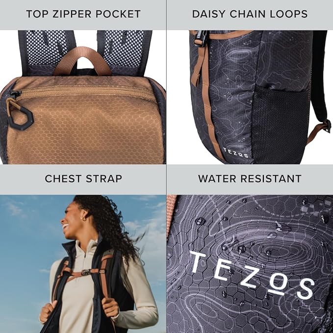 Tezos Juniper Daypack, Lightweight Hiking Backpack and Hydration Pack for Camping, Travel, Biking, and the Outdoors, 16 Liter (Black Topo)