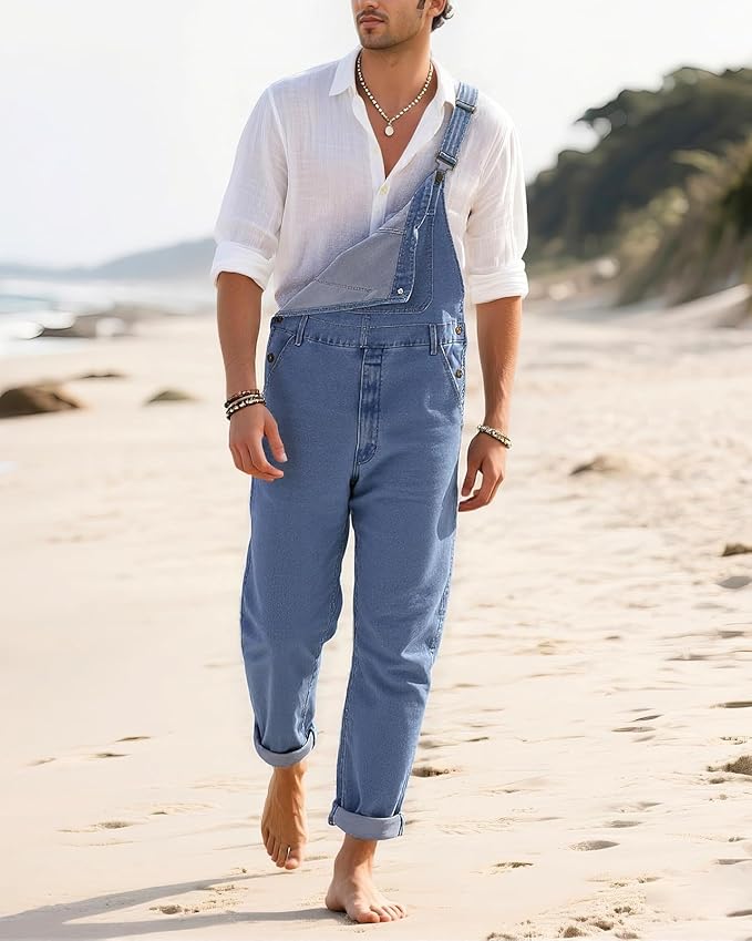 HISEA Flex Denim Bib Overalls for Men, Blue Jean Fashion Casual Overalls, Relaxed fit Utility Workwear with Pockets