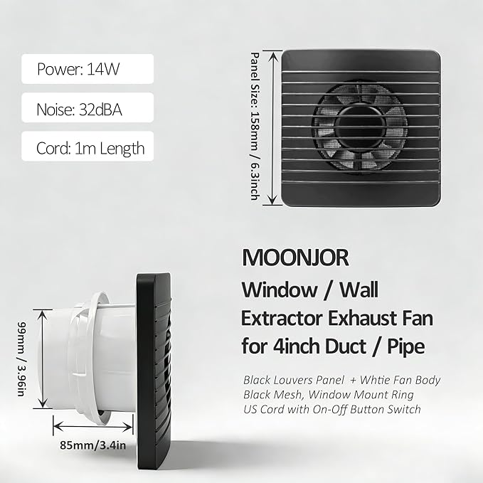 4inch Exhaust Fan, Black Window Wall Mount Vent Extractor Fan w/Button Switch, Cord for Kitchen Bathroom Workshop Garage