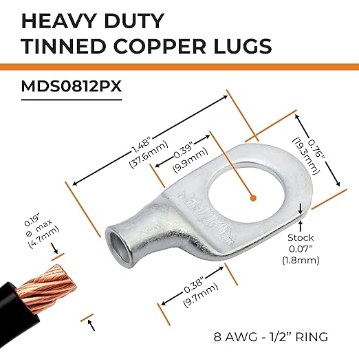 SELTERM 10pcs 8 AWG-1/2" Stud Tinned Copper Wire Lugs, Heavy Duty Battery Cable Ends,8 Gauge Ring Terminals, UL Battery Lugs Marine Grade Copper Eyelets Electrical Battery Terminal Connectors