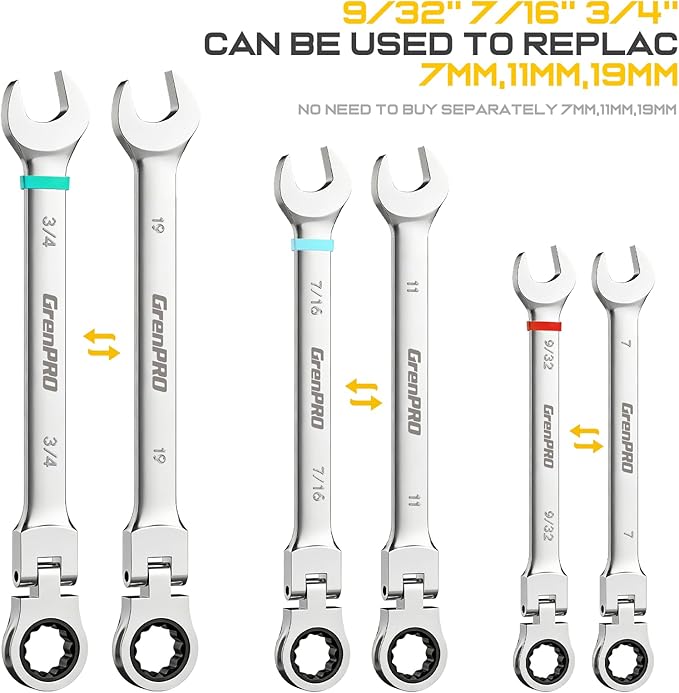 Ratchet Wrenches Set, 23PC Flex Head Ratcheting Wrench Set Metric and Standard & SAE, 6-18mm & 1/4" to 3/4" with Color Ring, CRV Open End Tool Organizer Pouch, Combination Ratchet Wrench Sets