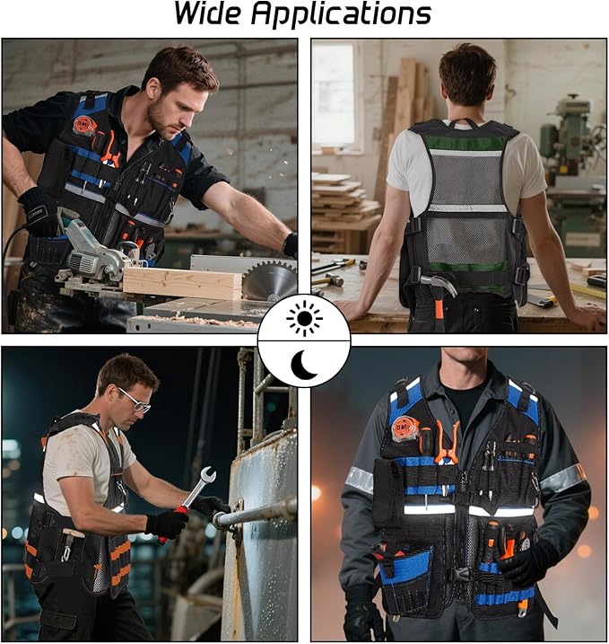 Electrician Tool Vest for Men, Reflective Safety Work Vest with Adjustable Thick Straps, Removable Phone Holder for Electrical, Carpenters, Construction, 22 Pockets.Blue
