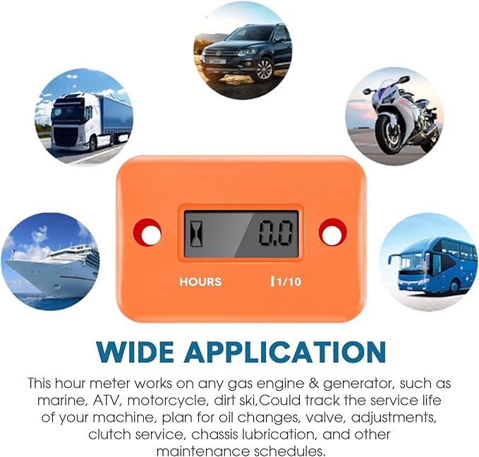 2 Pieces Inductive Hour Meter for Gas Engine Lawn Mower Dirt Bike Motorcycle Motocross Snowmobile Karting Marine ATV Boat Outboard Motor Generator Waterproof Hour Meters (Orange)
