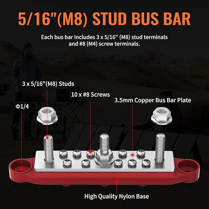 Joinfworld Power Distribution Block Bus Bar 12V 250A with 3 x 5/16"(M8) Studs, Marine Bus Bar Terminal Block 12 Volt DC Battery Busbar with Cover - Negative&Positive