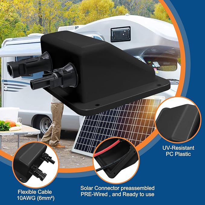 Solar Double Cable Entry Gland, 3.28ft 10AWG Soft Solar Cable and Connector, UV Resistance Dual Cable Entry Housing on Rv, Boat (1m, Black)
