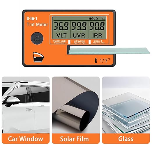 Window Tint Meter, 3-in-1 Solar Film Meter with VL/UV/IR Transmittance Tester, Portable Digital Side Window Tint Reader for Filmed Glass, Solar Film, Car Window - CR01