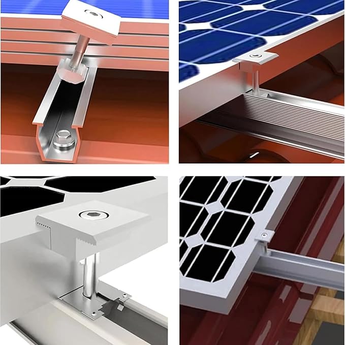 Solar Panel Roof Bracket Aluminium Solar Panel Mounting Rails Roof Rail Clamps PV Solar Mounting Rail Connector Installation Kit for Tin Roof, Flat Roof, Sheet Roof (4 x 200mm Rail + 4 x 30mm Clamp)