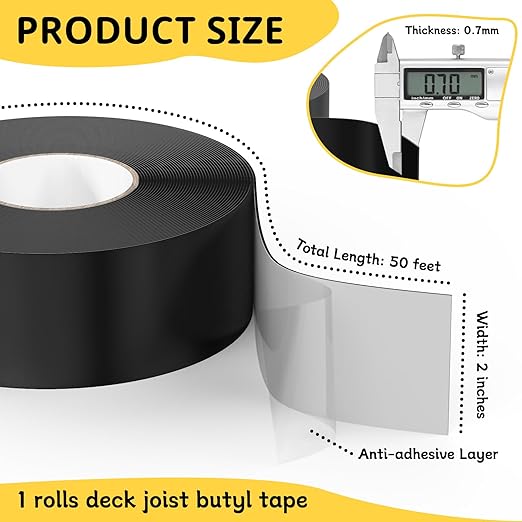 Joist Tape for Decking 2" x 50', 1 Rolls Weatherproof Butyl Sealant Tape - Waterproof and Anti-Corrosion for Extend Deck Life for Wood Joists Beams Roof Rv