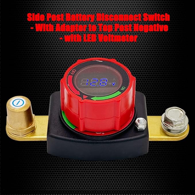 Ampper Battery Disconnect Switch with Voltmeter, 12-48V Battery Cut Off ON/Off Shut Off Switch W/Adapter for Car, RV and More (Side to Top, Negative)