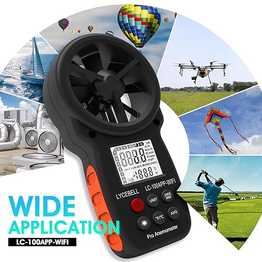 WiFi Anemometer Handheld, Digital Wind Speed Meter with Smart APP, 0.3-40m/s Range, Temperature Measuring, Data Logging, CFM Air Flow Meter for HVAC Outdoor Hunting Sailing Shooting Drone