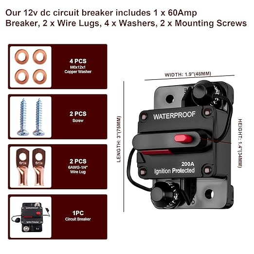 Circuit Breaker DC 12V-48V Fuse Manual Reset for Boat Trolling Motor Marine ATV Trailer Vehicles Stereo Audio Electronic Battery Solar System Protection (200Amp)