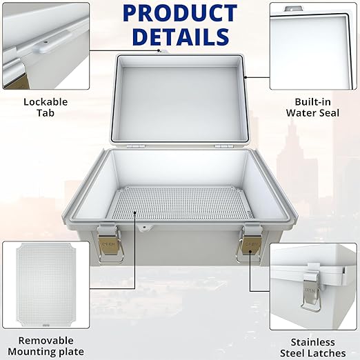 MAKERELE Small Electrical Junction Boxes Plastic Gray IP67 ABS with Electrical Waterproof Performance Including Mounting Plate,Stainless Steel Buckle and 1/2" NPT*2(8.7"×6.7"×4.3")
