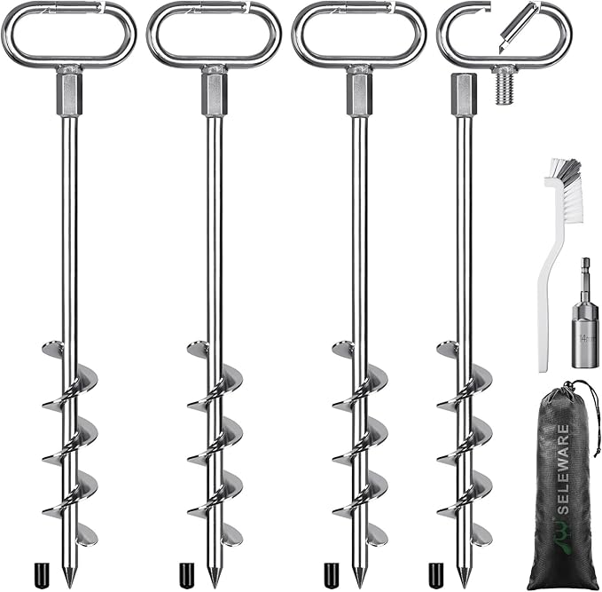 SELEWARE 4 Pack Trampoline Stakes Heavy Duty Ground Anchors High Wind Trampoline Stakes Anchors Spiral Earth Anchors for Secure Animals Trampolines Tents Shed Swing Set Mobile Homes Carport