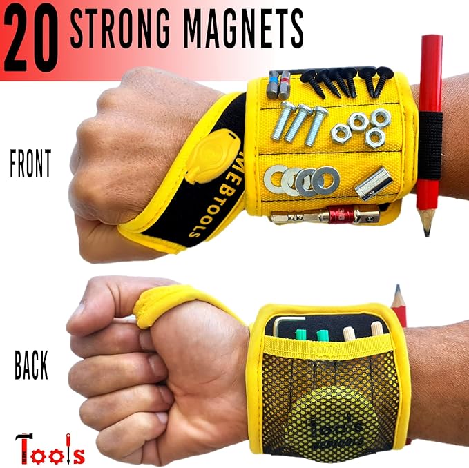 Magnetic Wristband with Flashlight and Tape Measure – Screw, Drill Bit, and Nail Holder with 20 Strong Magnet Pieces Increases Convenience for DIY, Carpenters, Mechanics, and More by MEBTOOLS
