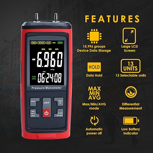 Manometer Data Logger Digital Manometer Gas Pressure Tester with ±200 inH2O Measuring Range, Differential Pressure Gauge 13 Selectable Units Manometer HVAC with Large LCD Screen