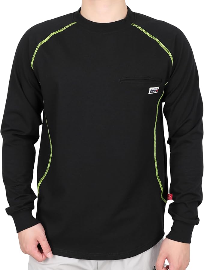 TICOMELA FR T-Shirt, Flame Resistant, Stretch Fit, Hidden Pocket, 6oz Crew Neck Work Shirt for Men 100% Cotton