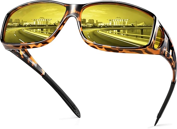 URUMQI Night Vision Driving Glasses Fit Over Eyeglasses for Men Women, Anti Glare Polarized Nighttime Glasses Yellow Lens