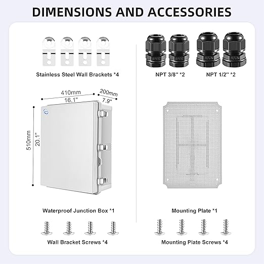 Waterproof Outdoor IP67 Junction Box(20.1"x16.1"x7.9") with Mounting Plate, Hinged Grey Cover and Wall Brackets - Weatherproof ABS Plastic Electrical Enclosure for DIY Projects(510x410x200mm)