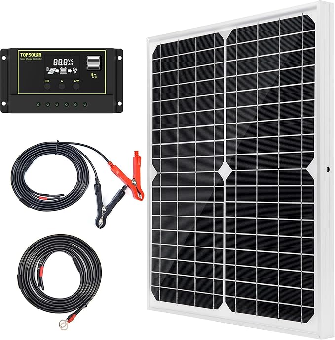 Topsolar Solar Panel Kit 20W 12V Monocrystalline with 10A Solar Charge Controller + Extension Cable with Battery Clips O-Ring Terminal for RV Marine Boat Off Grid System