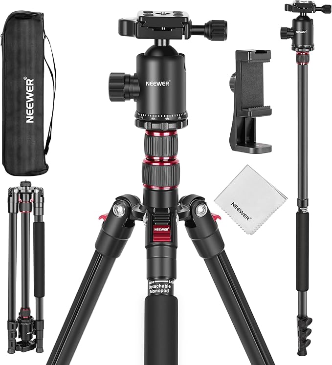 NEEWER 77" Camera Tripod Monopod with Cell Phone Holder Compatible with iPhone for Video Recording, Compact Aluminum Travel Stand with Ball Head QR Plate Bag Cleaning Cloth, Max Load 34lb, TP77