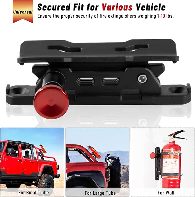 Quick Release Fire Extinguisher Mount with 10 Clamps- Universal Fit Roll Bar & Wall Mount Bracket Holder Adjustable Mounting for UTV Motorcycle Compatible with Jeep Wrangler Polaris RZR Ranger ATV