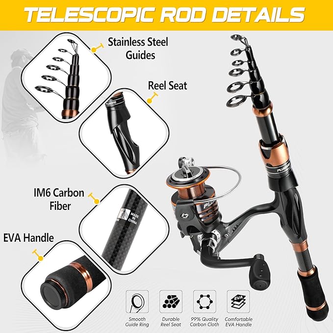 PLUSINNO Fishing Rod and Reel Combos, Bronze Warrior Toray IM6 Carbon Matrix Telescopic Fishing Rod Pole, 12 +1 Shielded Bearings Stainless Steel BB Spinning Reel, Travel Freshwater Fishing Gear