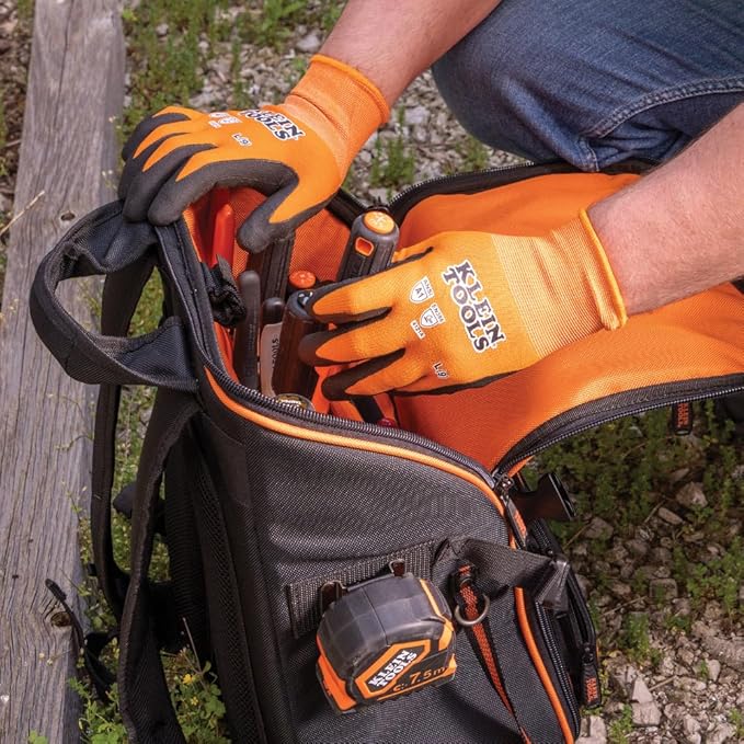 Klein Tools 60581 Work Gloves, Knit Dipped Cut Resistant ANSI A1 Nitrile Coated Gloves, Nylon-Spandex, Touchscreen Capable, Large, 2-Pair