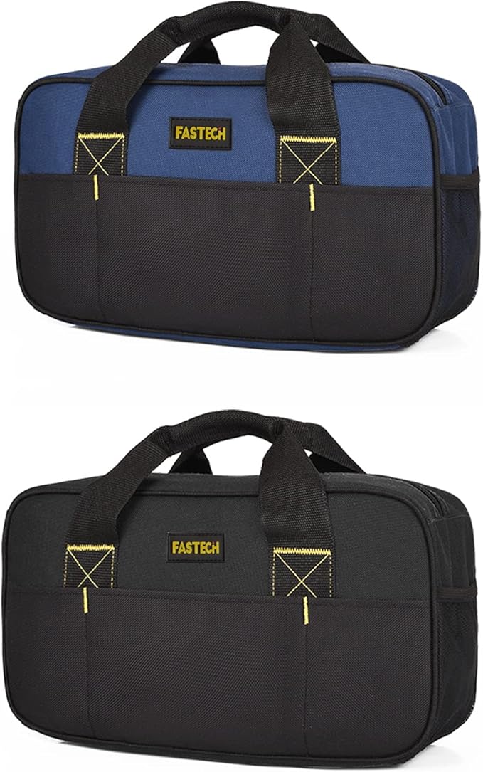 FASTECH 14 Inch Small Tool Bag, Wide Mouth Tool Tote Bag, Waterproof Tool Organizer Bag, Electricians Repairman Tools Tote Bag Double Fabric Storage Bag (Black+Blue)