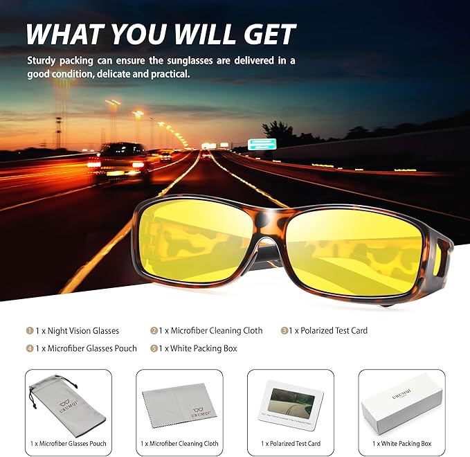 URUMQI Night Vision Driving Glasses Fit Over Eyeglasses for Men Women, Anti Glare Polarized Nighttime Glasses Yellow Lens