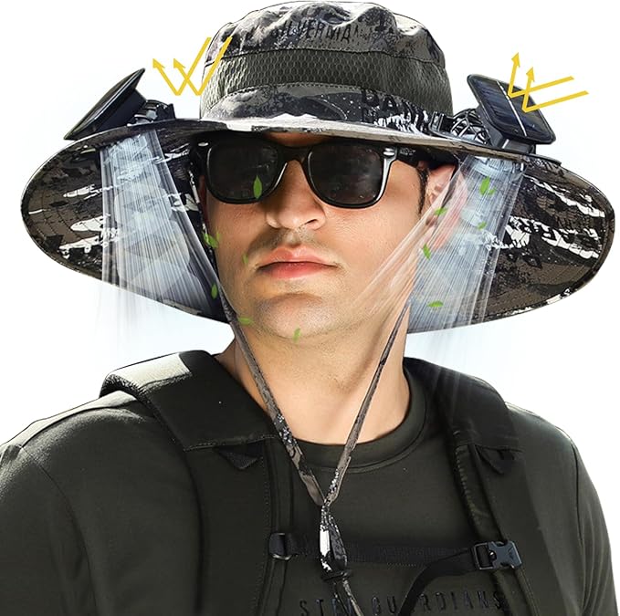 Solar Fan Hat,Sombrero con ventilador Solar,Fishing Hat with Fan for Men, Wide Brim Sun Hat with 2 Solar Fan,3 Speed Adjustable Fans Hats,Waterproof Outdoor Hiking Camping Fishing(Black and White)