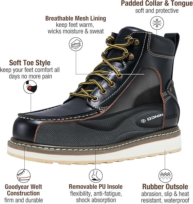 HISEA NINGO Work Boots for Men Steel/Soft Toe Boots,6” Water Resistant Slip Resistant Industrial & Construction Work Shoes, Composite Toe Working Boot