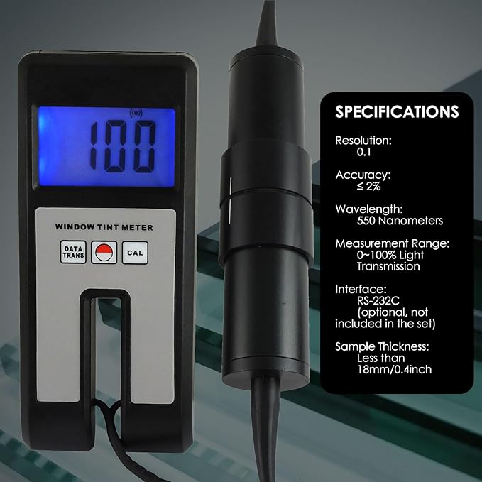 Gain Express Digital Car Window Tint Meter - Portable Solar Tester for Visual Light Transmission, Filmed Glass, UV IR Rejection and Spectrum Analysis