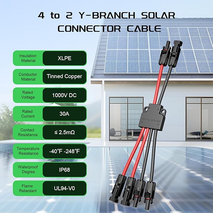 Bateria Power Solar Connectors for 2 Solar Panels, IP68 Waterproof Solar Panel Connectors Splitter, 4 to 2 Y Branch Parallel Adapter for Solar Cable Extension, 2PCS