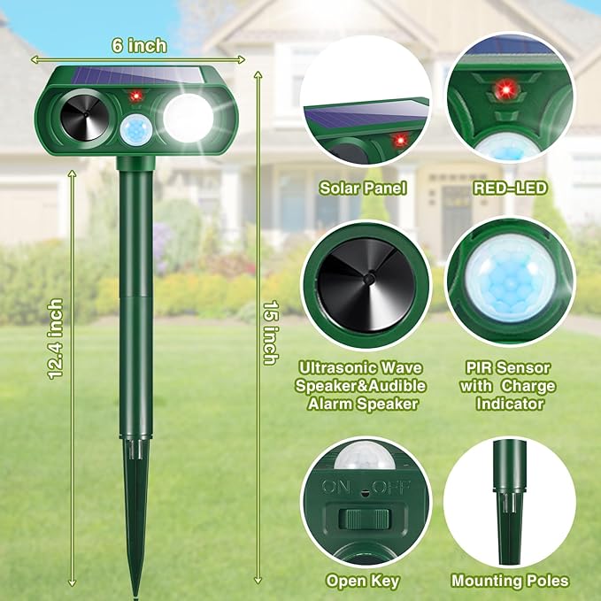 4Pack Solar Ultrasonic Animal Repellent,Cat Repellent Outdoor with Motion Detection Waterproof,Deer Repellent Devices Squirrel Skunk Rabbit Raccoon Bird Deterrents Animal Repeller for Yard Garden
