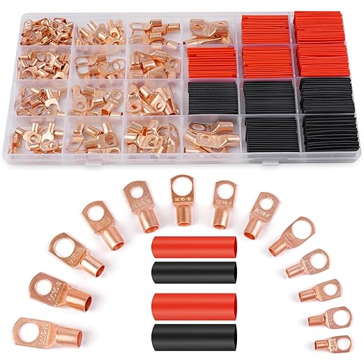 Copper Wire Lugs 260Pcs, AWG 2 4 6 8 10 12 Gauge Battery Cable Ends with 120Pcs Heat Shrink Tubing Set, 140Pcs Ring Terminals Connectors Assortment Kit for Marine, Automotive, Cables, Appliances