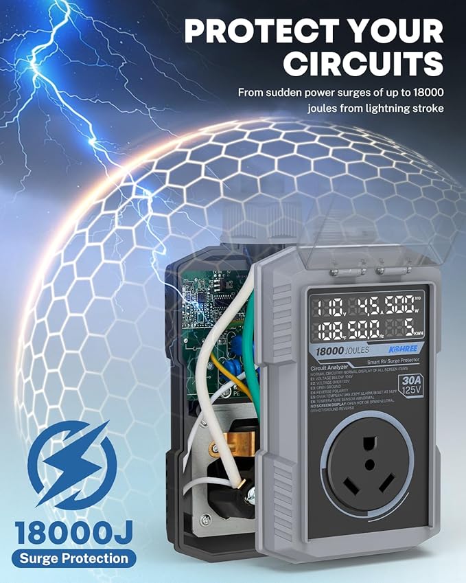 Kohree RV Surge Protector 30 Amp, 18000 Joules RV Power Surge Voltage Protection, RV Adapter Plug with Auto Shut Off LED Large Screen Real-Time Circuit Analyzer for Travel Trailers Camper-30A Gray