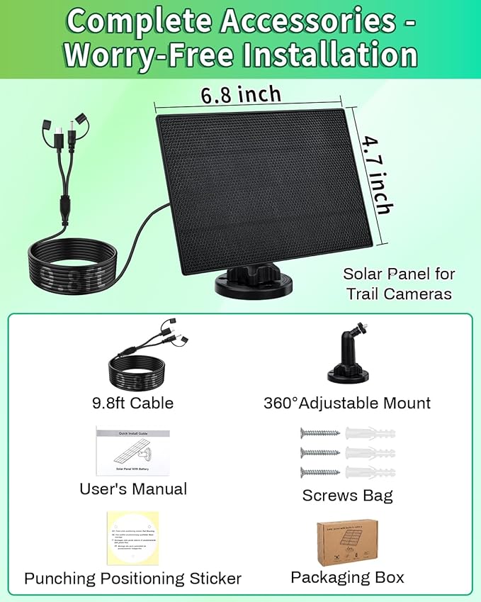 Trail Camera Solar Panel, 3W Solar Panel Charger with 5000mAh Battery and 6V USB-C & DC Port 9.8ft Cable, IP65 Waterproof Solar Panel for Trail Camera,Game Cameras Accessory (6V)
