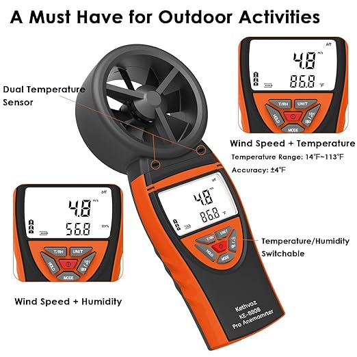 Handheld Vane Anemometer Air Flow Tester, Kethvoz Digital Wind Speed Meter Measure Air Velocity 0.3~30m/s, Test Temperature Humidity, Portable Carrying Case Included