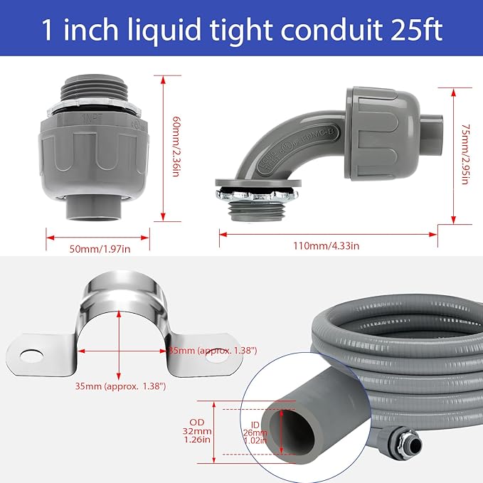 1inch 25ft Non-Metallic Liquid-Tight Conduit Connector Kit, Flexible Electrical Conduit, NPT Thread Straight/Angle Fittings & Clamps for LFNC-B, Weatherproof Outdoor UV Resistant for Outdoor & HVAC