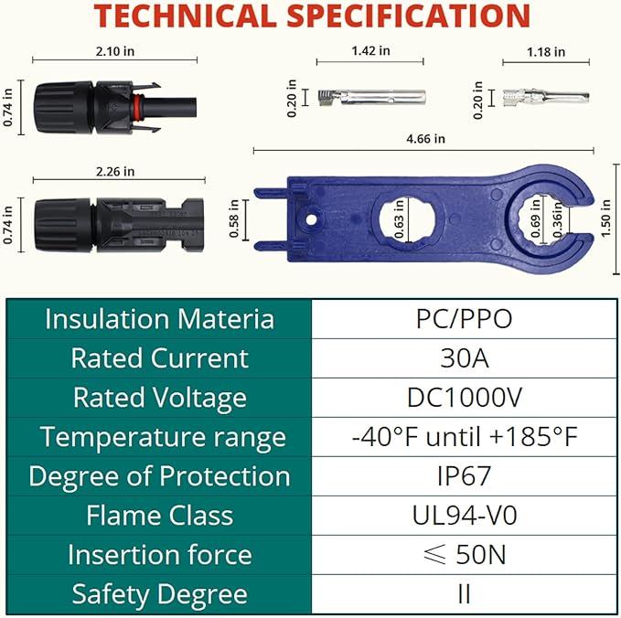 MC4 Connector - 30 Pairs (Male/Female) of Connector for Outdoor Solar Power Systems, Plus a Complimentary Pair of Wrenches - Durable Solar Connectors