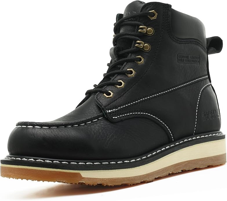 Moc Toe Work Boots for Men Waterproof Soft/Steel Toe Comfortable Full Grain Leather Non Slip Wedge Outsole Construction 6" Workboots