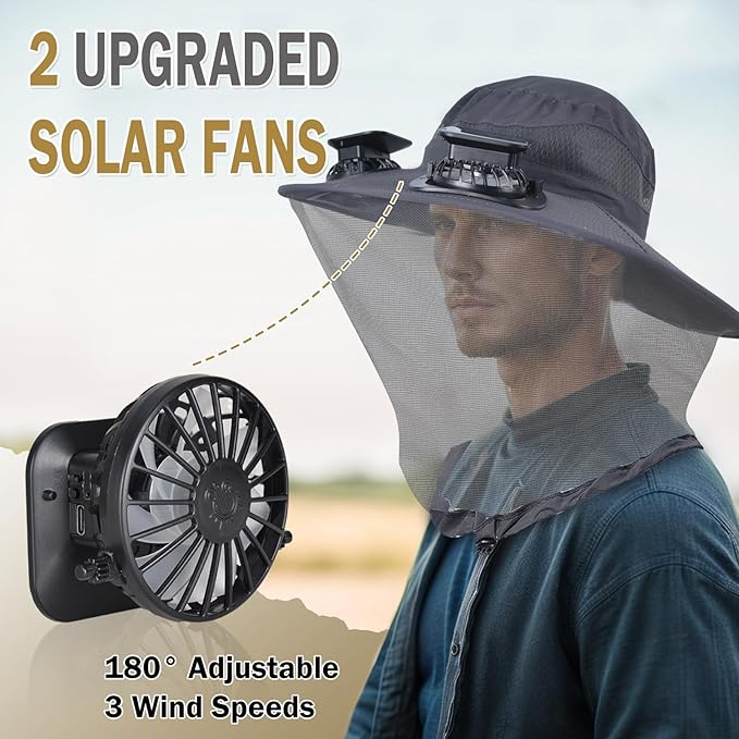 ayamaya Mosquito Net Hat with Fan Built-in, Wide Brim Solar Fan Hat with Netting, 3 Speeds Adjustable for Men Women Outdoor