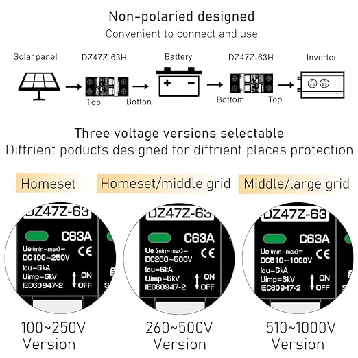 DC 260V 500V 600V 800V 1000V Circuit Breaker MCB Solar Panel Protector PV System Battery Discharge Protector Automatic AC DC Univesal Thermomagnetic Black Color (25A)