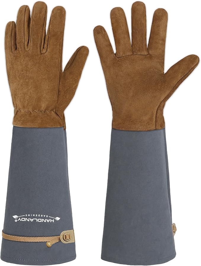 HANDLANDY Long Gardening Gloves for Men & Women, Pigskin Leather Rose Pruning Gloves, Breathable Thorn Proof Gauntlet Glove (Steel Gray, M)
