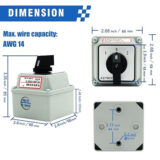20A Rotary Changeover Switch with Exterior Box, ON-Off-ON 660V Latching Universal Selector Switch, IP65 (3 Positions 2 Poles)