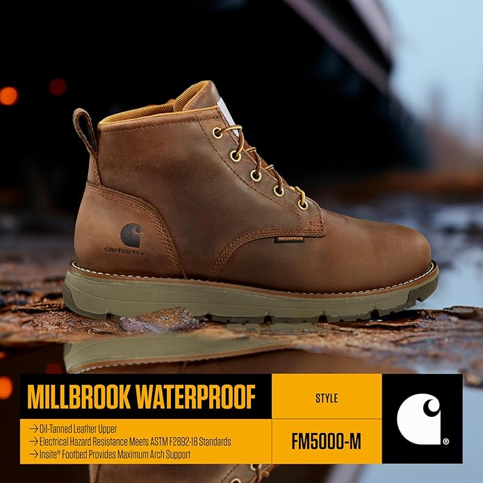 Carhartt Millbrook Waterproof Wedge Boot - Work Boots for Men, Slip & Electrical Hazard Resistant, with 5" Shaft, Breathable Membrane, and Lightweight EVA Midsole