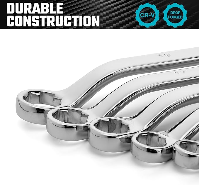 DURATECH 7-Piece Anti-slip Offset Box Wrench Set, Bolt Extractor Wrench Set, Metric, 6-19mm, 50-Degree Offset, CR-V Steel, with Rolling Pouch