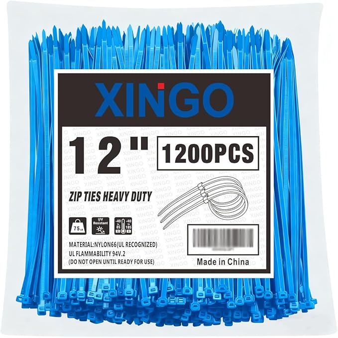 XINGO 12 Inch Blue Zip Ties 1200 PCS, 75 LBS Ultra Strong Tensile Strength, UV Resistant Cable Ties, Self-locking Plastic Ties for Indoor and Outdoor Use
